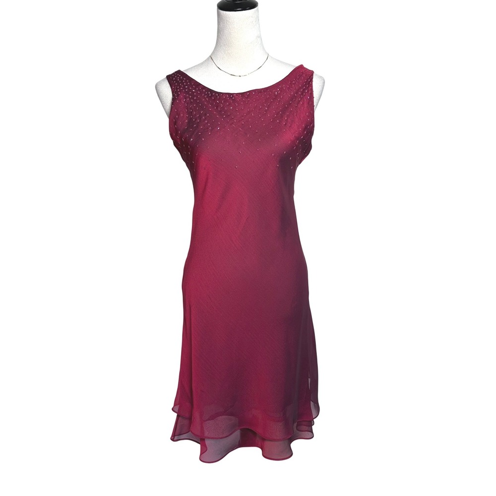 Donna Ricco Beaded Cowl Back Tiered Cocktail Dress Burgundy Wine Size 4